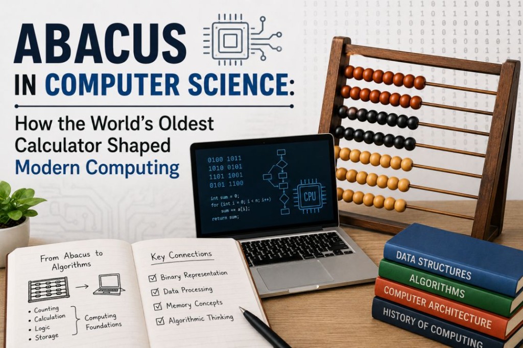 Abacus in computer science — a wooden abacus next to a laptop showing binary code and CPU diagrams, with a notebook showing the connection from abacus to algorithms: counting, calculation, logic and storage