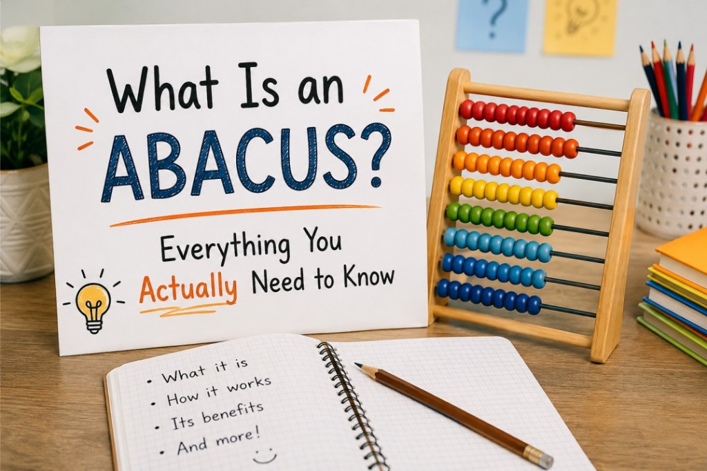 Colourful wooden abacus on a desk next to a notebook listing what it is, how it works, its benefits and more — a complete visual guide to what an abacus is