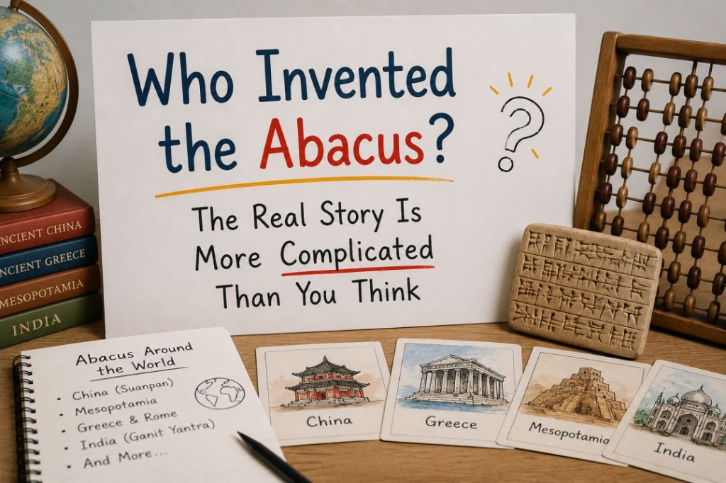 Display showing the history of abacus around the world — China Suanpan, Mesopotamia, Greece and Rome, India Ganit Yantra — alongside a wooden abacus and ancient clay tablet